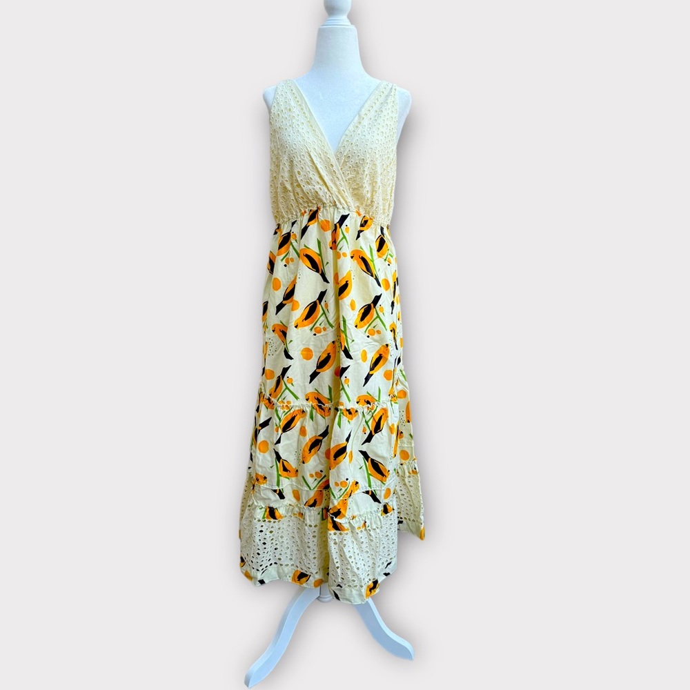 Tiered Eyelet and Bird Print Midi Dress